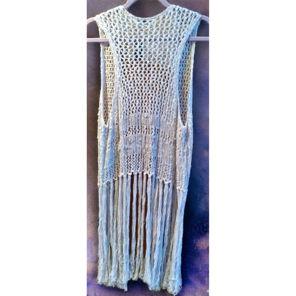 Women's Abercrombie & Fitch Boho Cream Crochet Fringed Long Vest Size M/L New - Picture 2 of 8